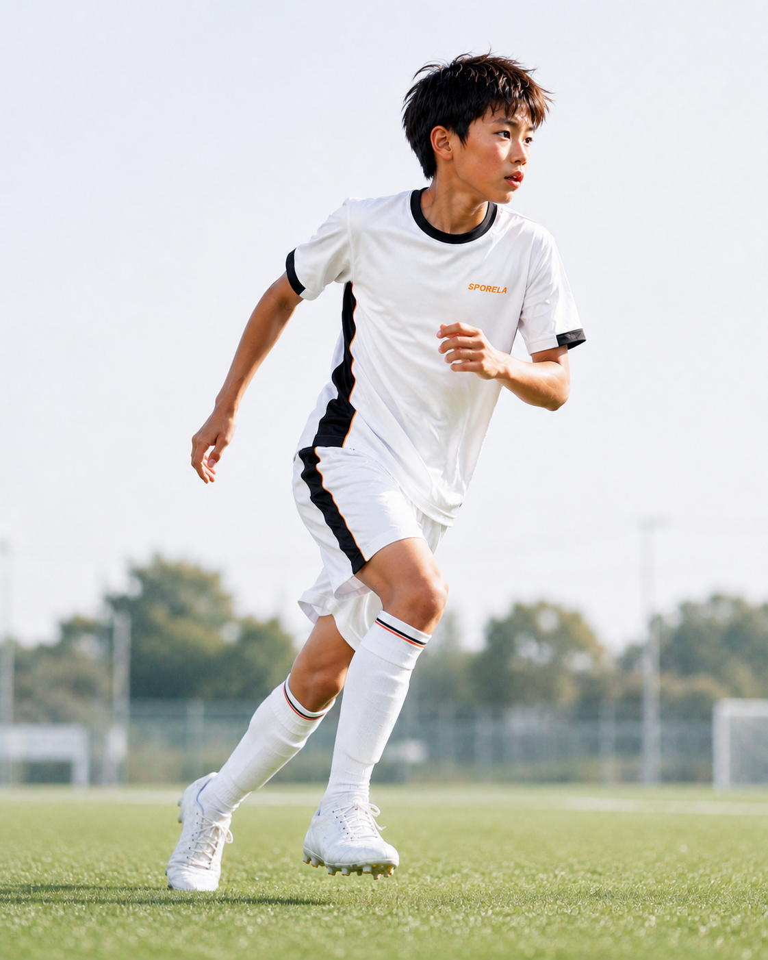SPOReLAのユニフォームを着て走るジュニアサッカー選手