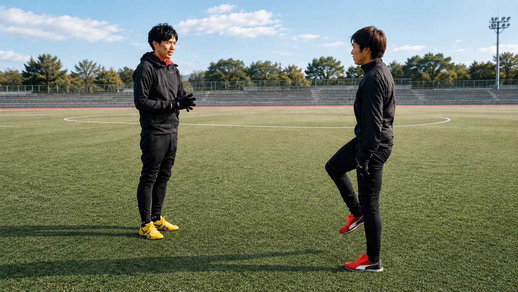 片脚動作を確認しながら向き合う指導者と選手
