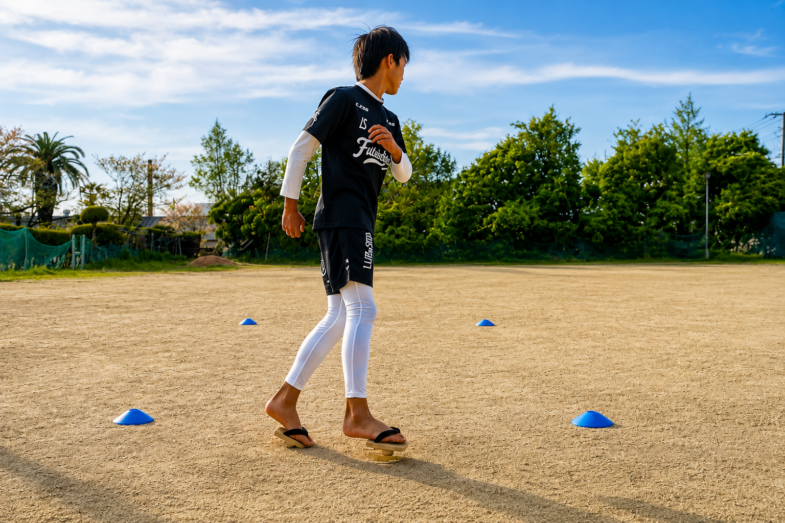 一本歯下駄GETTAを履き、全身でバランスと重心移動を確認する選手