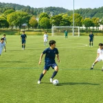 周囲を確認しながらプレーするサッカー選手