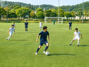 周囲を確認しながらプレーするサッカー選手
